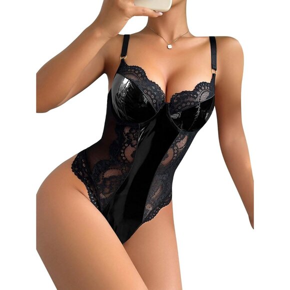 Sexy Black Lace Corset Teddy Lingerie Women Push Up Leather Sheer Bodysuit Top - Picture 3 of 6